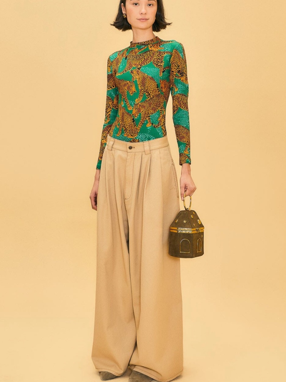 Farm Rio Khaki Wide Leg Palazzo Pants Low Rise Pleated 100% Cotton S - Picture 2 of 15